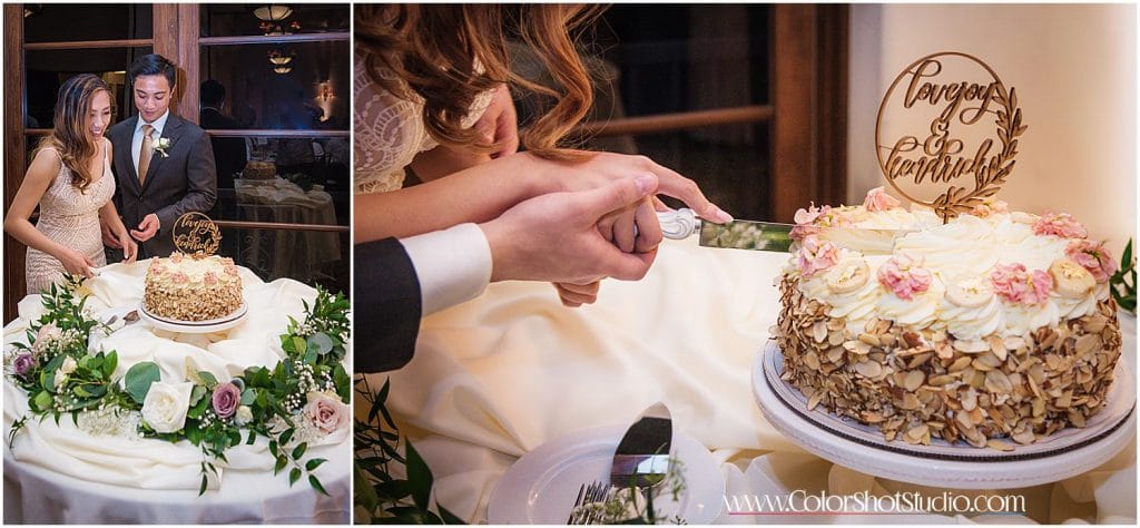 Bride and groom cutting the cake