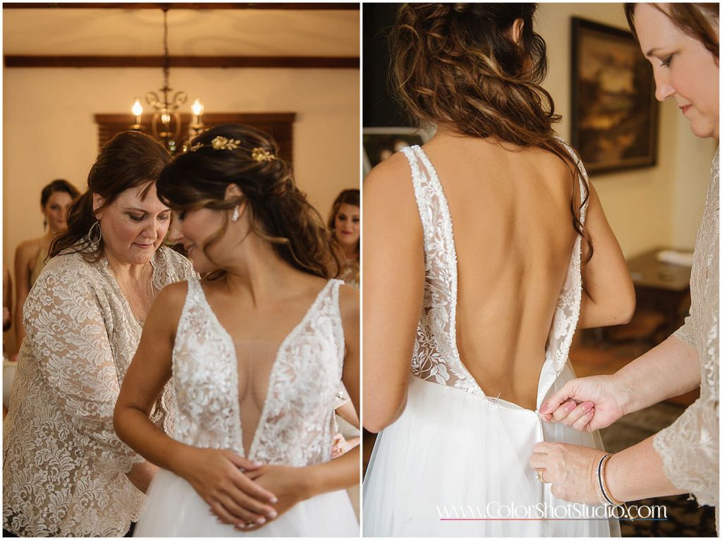 Bride's mother zipping up her dress Omni la costa resort wedding photography by color shot studio