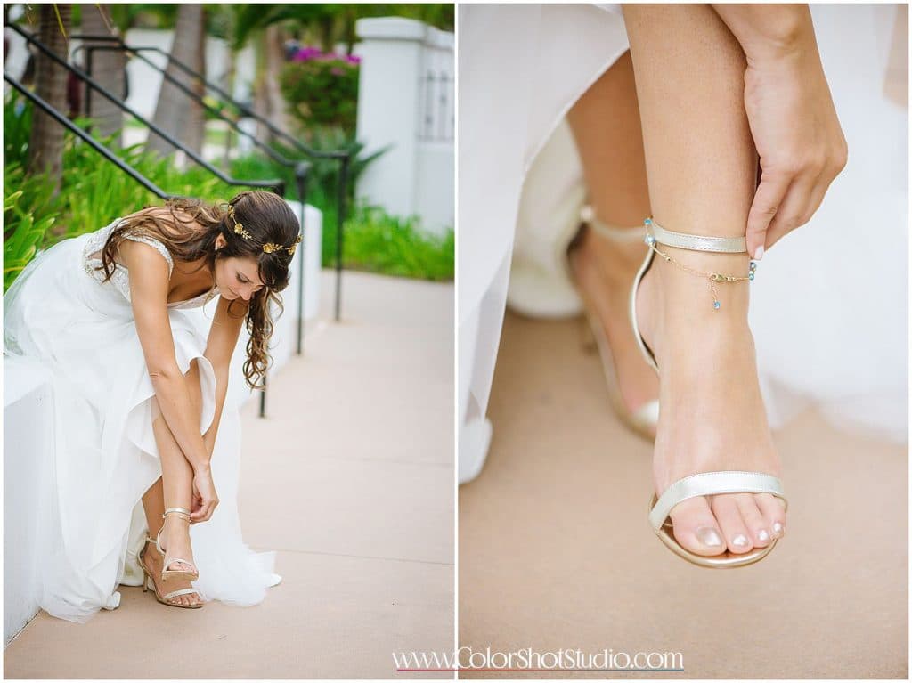 Bride putting on her shoes Omni la costa resort wedding photography by color shot studio