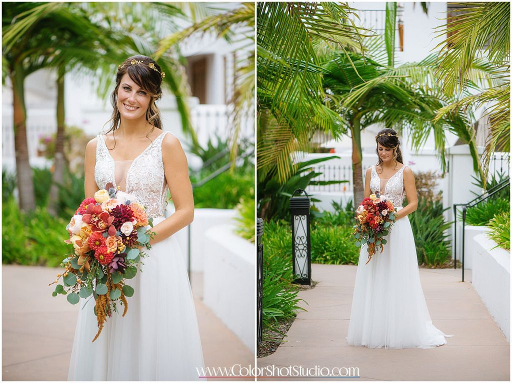 Beautiful bride with her bouquet Omni la costa resort wedding photography by color shot studio